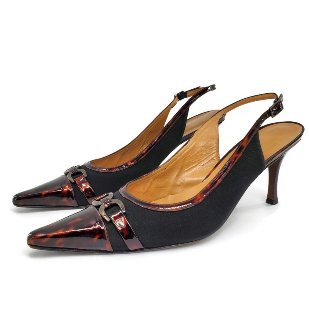 Stuart Weitzman Aspect Black Crepe Tortoise Shell Patent Leather Sling-Back Pump